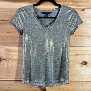 White House Black Market Silver Metallic V-Neck Tee Shiny Party Night Club
